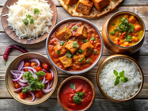 A vibrant spread of indian cuisine, featuring various curries, rice, and accompaniments, presented in bowls