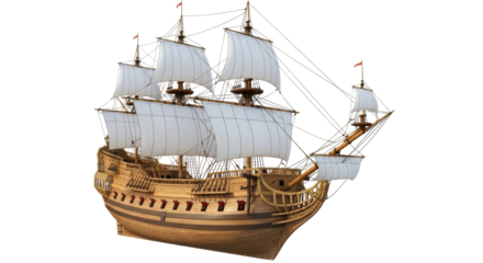 Isolated sailing frigate with intricate wood details and full sails, ready to set sail