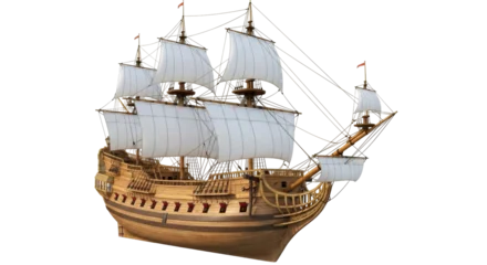 Selbstklebende Fototapeten Schiff Isolated sailing frigate with intricate wood details and full sails, ready to set sail  © Sophia