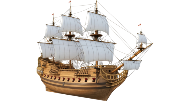 Isolated sailing frigate with intricate wood details and full sails, ready to set sail