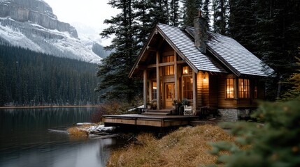 Obraz premium A serene winter scene featuring a calm lake reflecting tall mountains under a starry sky, with a warm cabin glowing softly nearby