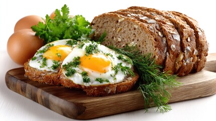 Breakfast Delight: A rustic breakfast scene featuring perfectly cooked eggs nestled in toast, accompanied by fresh herbs, whole-grain bread, and eggs