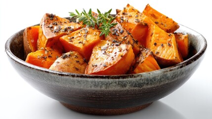 Roasted Sweet Potato Cubes: A delectable bowl filled with perfectly roasted sweet potato cubes, seasoned with herbs and spices, ready to be savored.