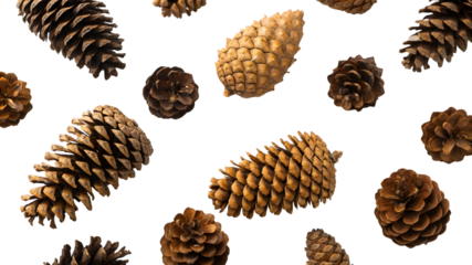 Assortment of pine cones scattered isolated on transparent background
