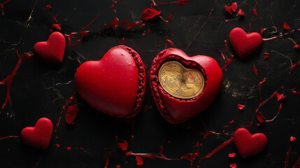 Heart-shaped desserts decorated with delicate details on a dark marble surface evoke romance and celebration