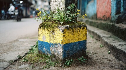 A square concrete post, painted with blue and yellow, sprouts greenery. Street backdrop