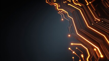 Abstract Futuristic Energy Circuit Design with Glowing Neon Orange Lines and Patterns on Dark Background, Perfect for Technology and Innovation Themes