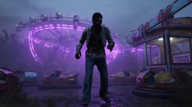 Zombie running in an abandoned amusement park with bright purple lights at night time scene halloween zombie video