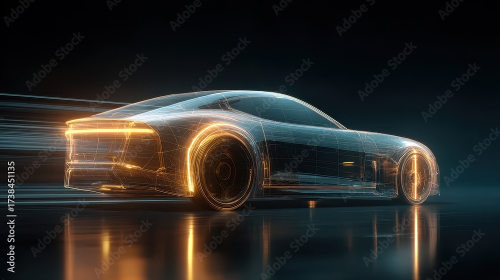 Canvas Prints futuristic glowing 3d wireframe car rotating on dark background
