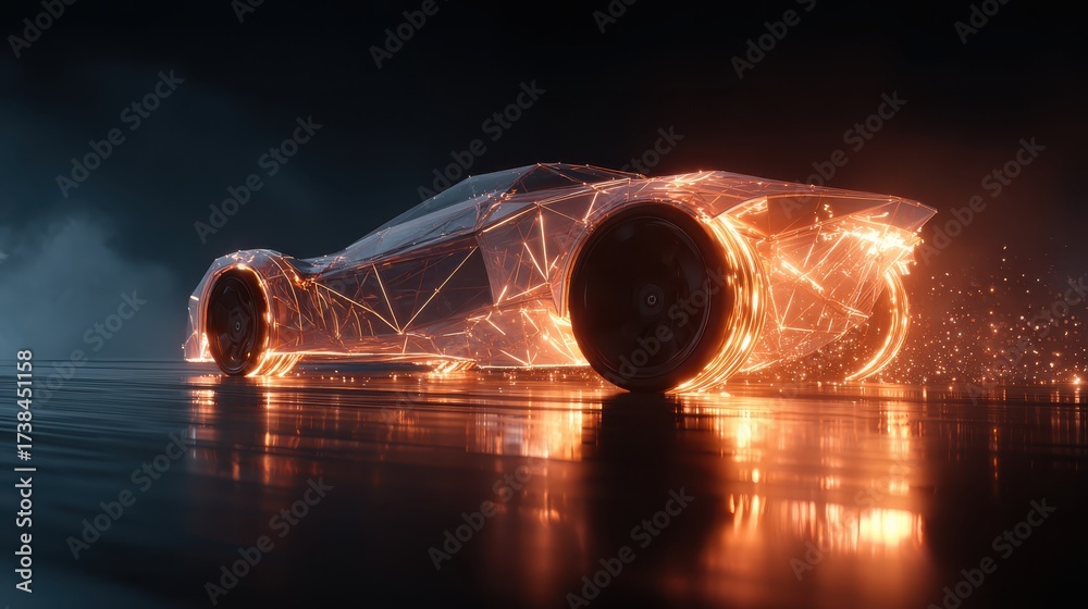 Canvas Prints futuristic rotating 3d wireframe car with glowing elements