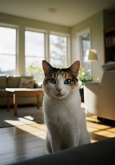 A captivating cat with striking blue eyes sitting indoors with a friendly expression. The cat is staring directly at the camera in a well-lit and cozy domestic setting.