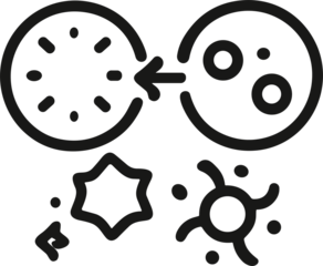 A minimalist black and white vector illustration showing microscopic cellular interaction, symbolizing virus transmission, molecular biology, or immune response.