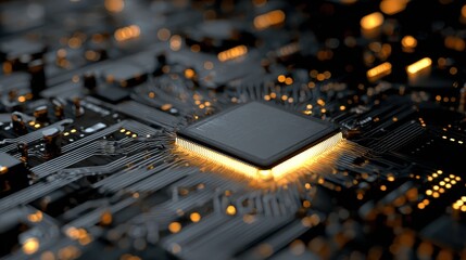 A Glowing Futuristic Microchip on a Dark Circuit Board with Floating Elements Evoking Advanced Technology and Innovation, Perfect for Sci-Fi and Tech Imagery
