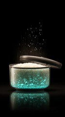 Glowing Induction Rice Warmer with Lid Open, Radiating Light and Rice Grains in Black Background, Modern Kitchen Appliance for Perfect Rice Cooking
