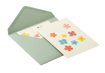Floral greeting card with envelope isolated on transparent background, colorful flower design for invitations and special occasions