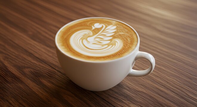 A beautifully crafted latte with swan art on a wooden table, a symbol of elegance and artistry