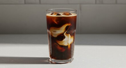 Refreshing iced coffee with cream. The drink is served in a tall glass with ice cubes.