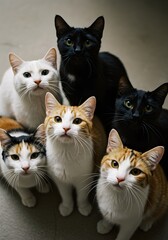 A portrait of seven adorable cats looking upwards in a studio setting. The cats showcase varied colors and patterns, adding to the visual interest