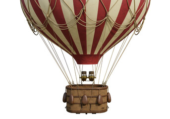 Vintage hot air balloon isolated PNG, red and beige striped aerostat with wicker basket on transparent background © Daniel