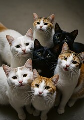 A group of adorable cats gazing at the camera, with curious expressions. A mix of colors and patterns in the image, showcasing the diverse beauty of felines. 