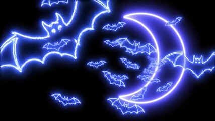Neon Moon with Bats - This video shows a neon blue crescent moon against a black background, surrounded by numerous bats. The bats and moon have a glowing effect.