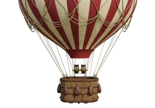 Vintage hot air balloon isolated PNG, red and beige striped aerostat with wicker basket on transparent background - Powered by Adobe
