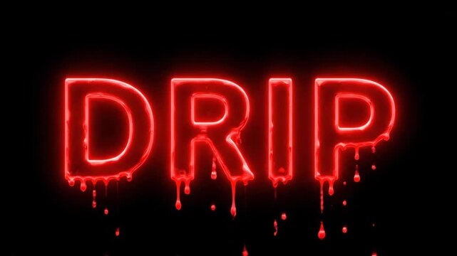 Neon Drip Text Effect - The video features the word "DRIP" in a bright red neon font with a dripping blood effect. The text is set against a black background, creating a stark contrast.