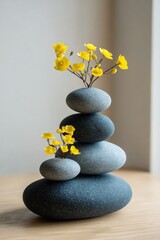 A stack of smooth, grey stones creates a natural vase, showcasing a delicate arrangement of small, bright yellow flowers.