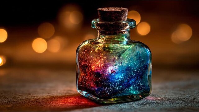 Magical bottle with colorful liquid and a cork on a dark background