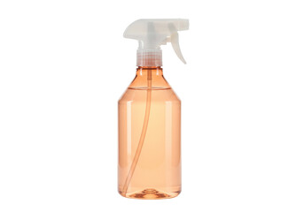 Spray bottle with orange liquid isolated on transparent background, cleaning product for household and gardening use