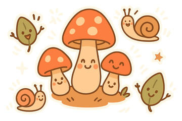 Fototapeta premium Cheerful Mushroom Stickers. Cheerful doodle stickers: happy mushroom cluster, tiny snails and leaves waving, playful doodle