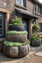 Ornamental stone planters, layered with vibrant blossoms, adorn a historic stone facade.