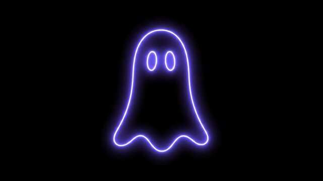 Glowing Neon Ghost Outline - A bright neon blue outline of a ghost figure is centered on a black background. The simple cartoon-like ghost shape has two eye holes and a wavy bottom edge.