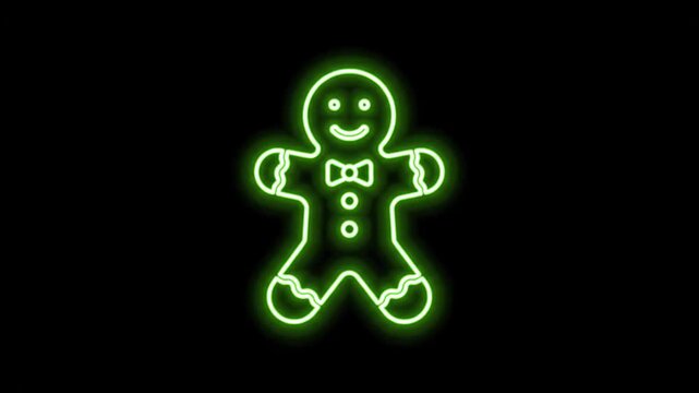 Glowing Neon Gingerbread Man on Black - The video shows a bright green neon gingerbread man icon on a black background.