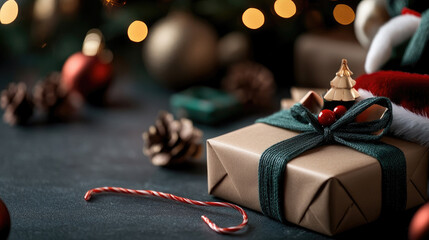 Hands with white gloves adjusting a Christmas gift box with a red ribbon, bokeh effect lights in the background, Christmas decorations nearby, preparing presents for Christmas Eve
