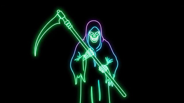 Neon Grim Reaper Outline - This video shows a neon outline of the Grim Reaper with a scythe against a black background. The reaper is glowing with green,blue,and purple neon colors.