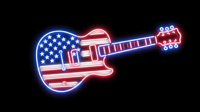 Neon Guitar with USA Flag Theme - This video shows a glowing neon sign of an electric guitar. The guitar design incorporates the USA flag theme with stars and stripes in neon red and blue against a