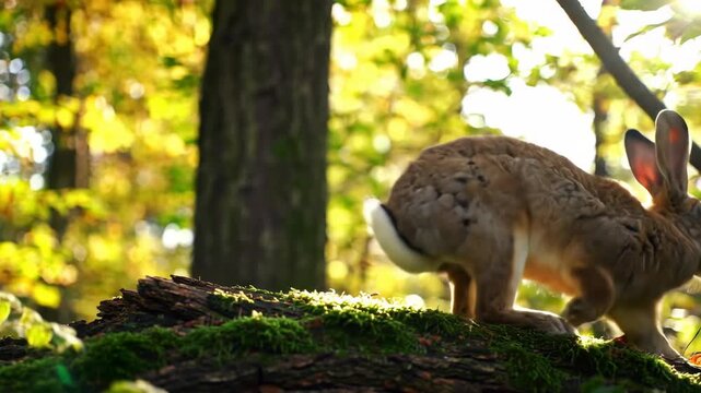 Rabbit jumps over log in forest on sunny autumn day, eye-level