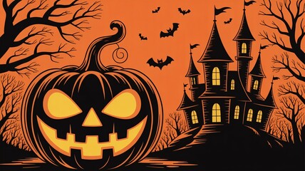 Spooky Halloween scene with a giant grinning jack-o'-lantern, haunted castle, bare trees, and flying bats under an orange sky