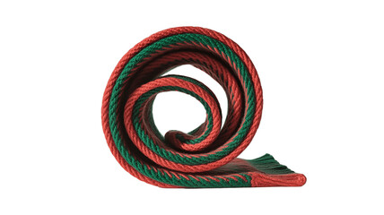 A coiled red and green scarf in a studio.