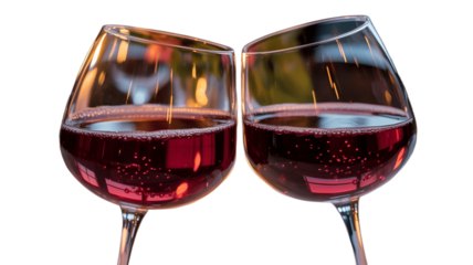 Two glasses of red wine clinking together in a celebratory toast.