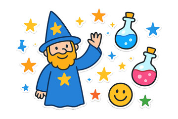 Cheerful Wizard Stickers. Bright doodle stickers: smiling wizard, tiny stars and potions floating, cheerful doodle charm, white