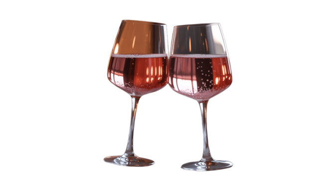 Two elegant glasses clink, filled with sparkling rose wine, embodying celebration.