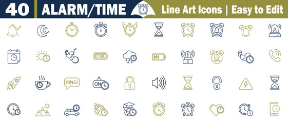 Alarm and Times Line Art Icons set. For Various Applications, clock, hourglass,  phone, siren, bell, megaphone, bomb, warning, lock, security, camera, handcuffs, shield, question vector illustration. 