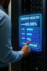 Monitoring server health metrics in data center technology operations digital environment close-up viewpoint performance analysis