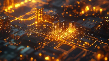 Illuminated circuit board resembling a futuristic city with glowing lights and intricate pathways