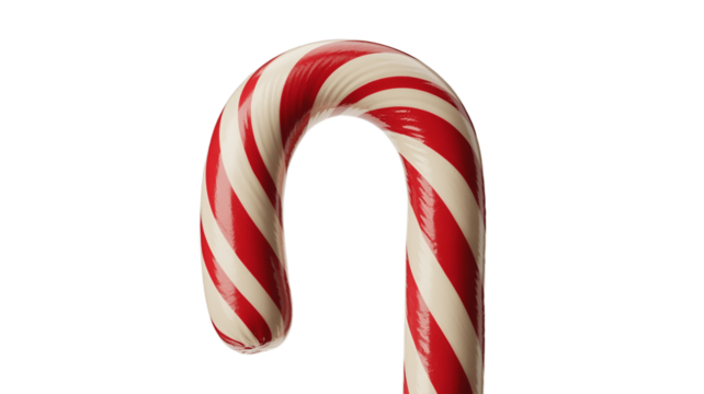 A close-up shot of a classic red and white striped candy cane.