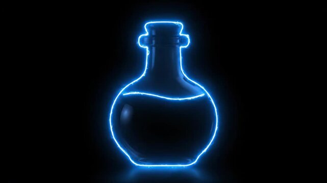 Neon Potion Bottle Glowing - This video shows a potion bottle outlined with glowing neon blue lines, set against a black background.