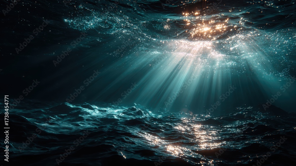 Wall mural deep blue water abstract background with rays of light