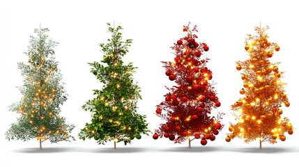 Four unique evergreen trees stand side by side, each displaying distinct shades of green and textures that highlight their beauty